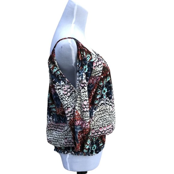 Cold Shoulder Smocked Waist Boho Floral Feather Print Feminine Blouse Size M - Picture 3 of 3